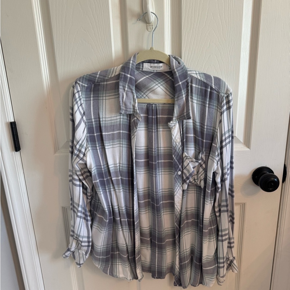 Gray and White Plaid Button-Up Shirt